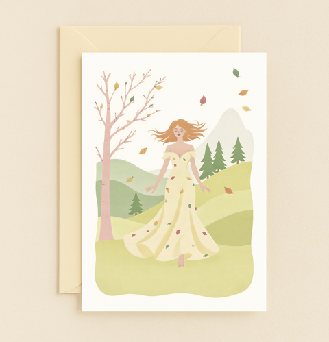 autumn breeze woman in nature card