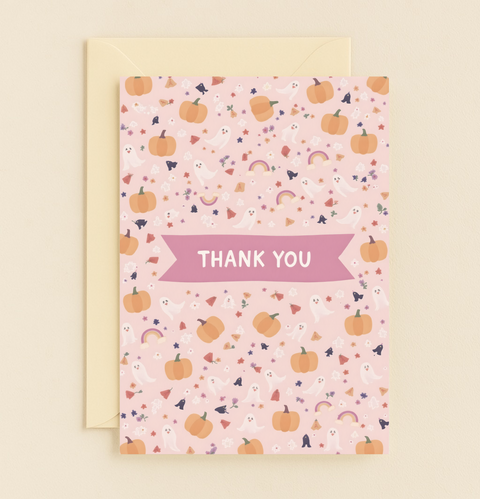 autumn ghosts and pumpkins thank you card