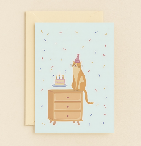 birthday cat on dresser celebration card