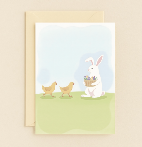 bunny and chicks with egg basket card