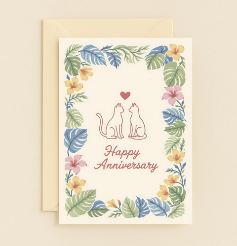 cat couple floral heart card