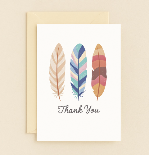 colorful feather thank you card