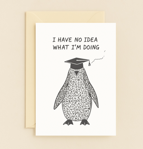 confused graduate penguin card