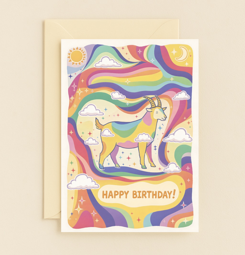 cosmic rainbow goat birthday card