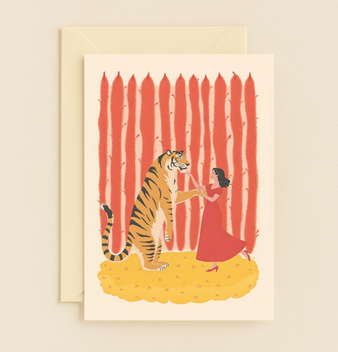 dancing with tiger in red dress card