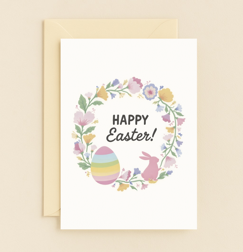 floral egg and bunny wreath card