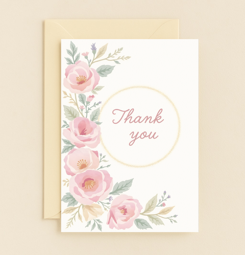 floral thank you card with pink roses