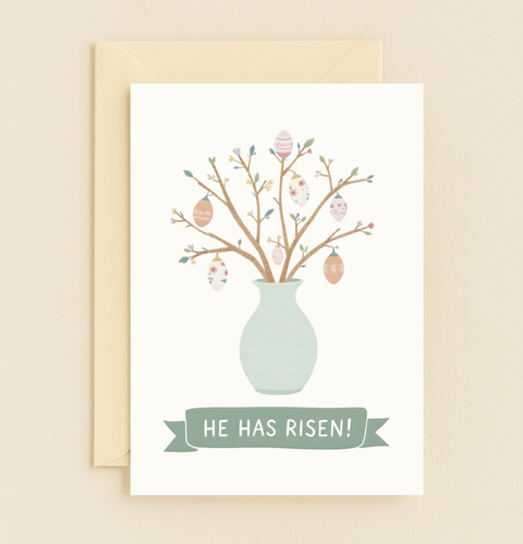 he has risen easter card with decorated egg tree