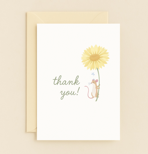 mouse holding sunflower thank you card