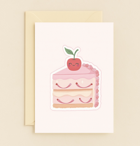 smiling cherry cake slice card