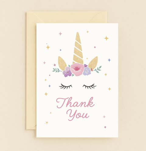unicorn thank you card with flowers