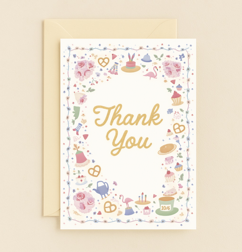 whimsical thank you card with teapots and flowers