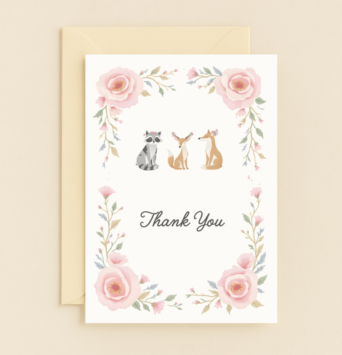 woodland animals floral thank you card