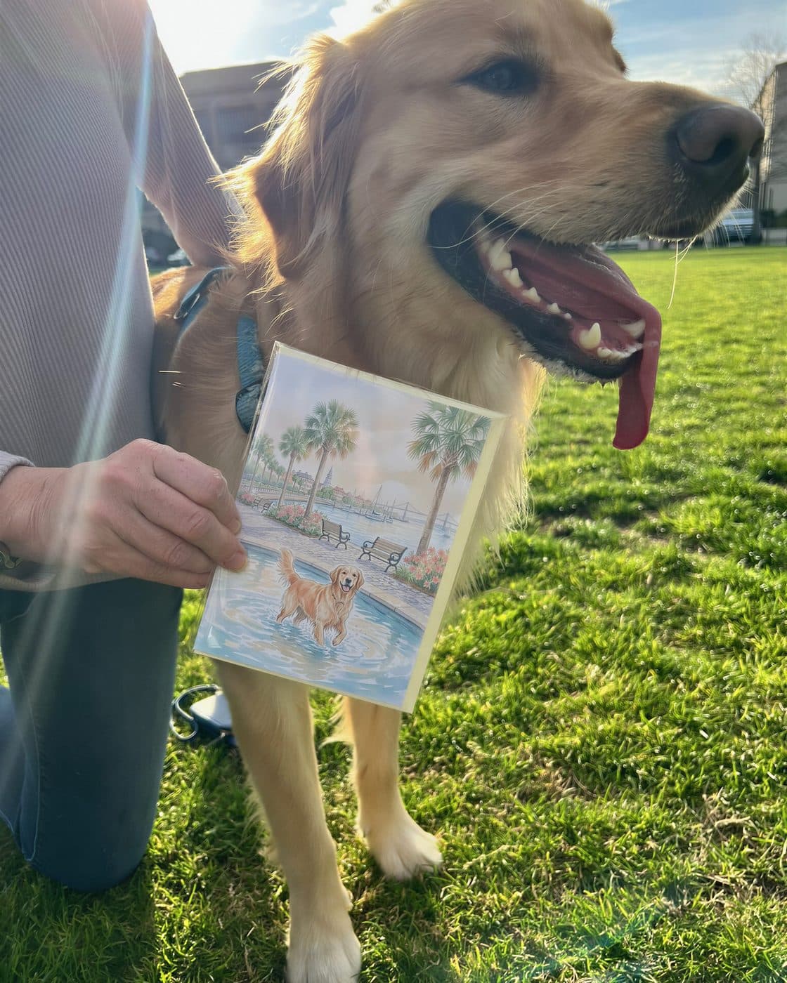 A person holding a card illustrated with their own golden retriever, next to the real dog