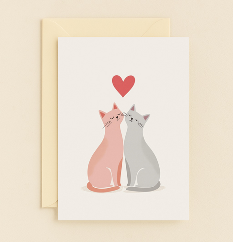 Cute Cat Love Greeting Card with Heart Illustration - Front
