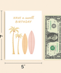 Surf Birthday Card with Palm Trees Modern Design - Size