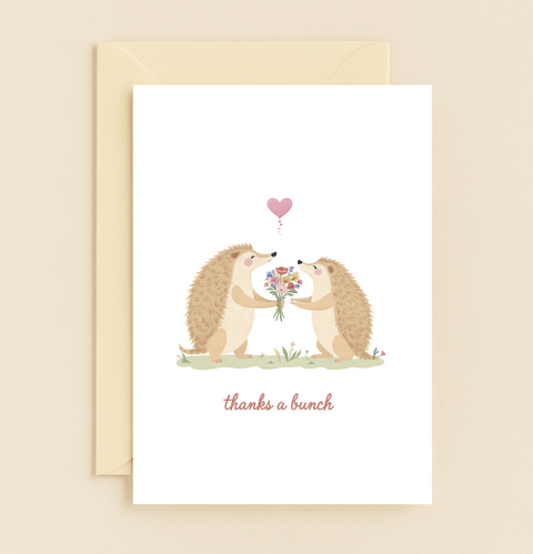 Cute Thank You Card Illustrated Hedgehogs and Flowers - Front