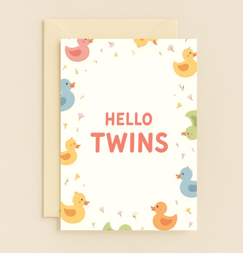 Twin Baby Greeting Card Cute Duck Design - Front