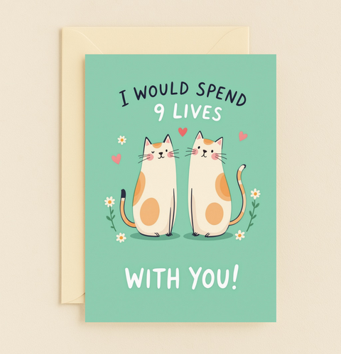 Cute Cat Love Greeting Card with Heart Illustration - Front