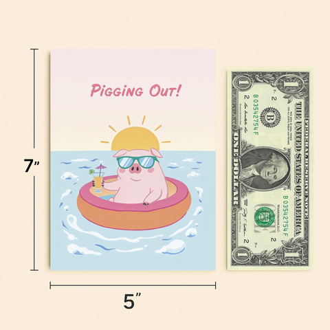 Funny Birthday Greeting Card Cute Pig Inflatable Pool Design - Size