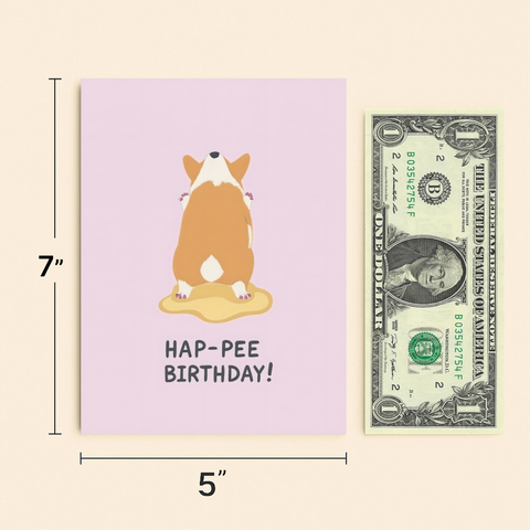 Funny Birthday Card Corgi Pee-Pee Pun Cute Illustration - Size