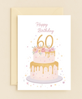 60th Birthday Greeting Card with Floral Cake Design - Front