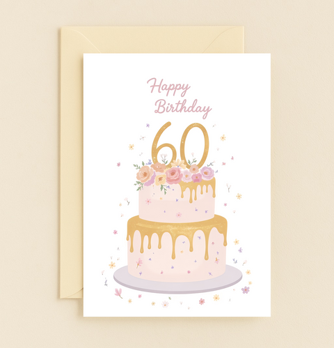 60th Birthday Greeting Card with Floral Cake Design - Front