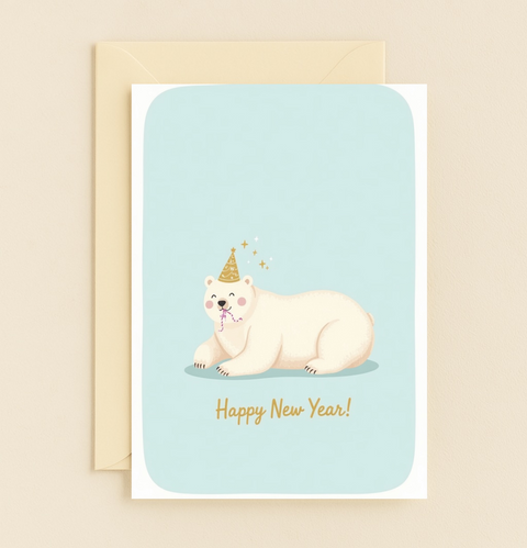 Cute Polar Bear Happy New Year Celebration Party Hat Card product image