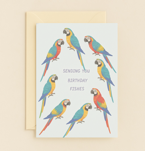 Colorful Macaw Birthday Fishes Greeting Card product image