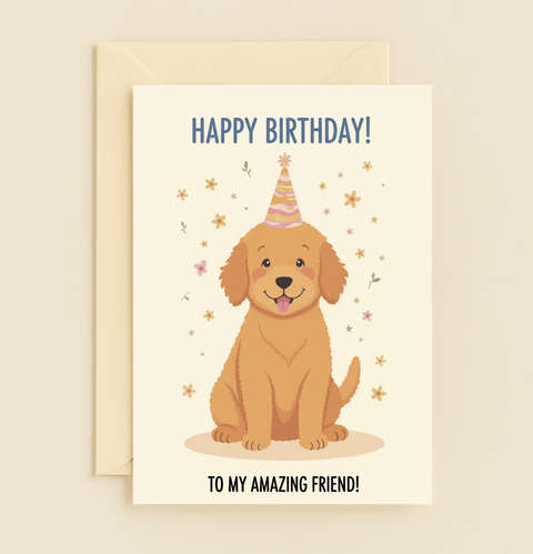 Funny Birthday Greeting Card Cute Puppy in Party Hat - Front