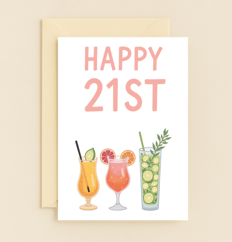 21st Birthday Card Cocktail Theme Fun - Front