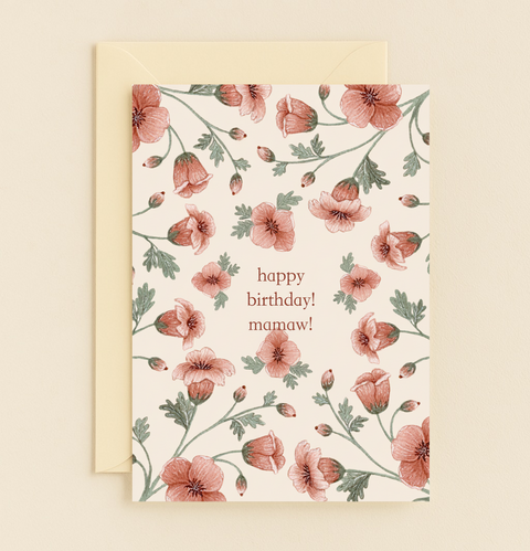 Floral Mamaw Happy Birthday Card Pink Flowers Green Leaves Pattern product image