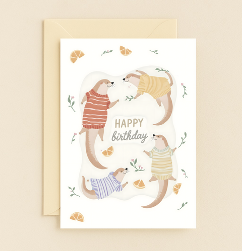 Funny Birthday Greeting Card with Cute Otters in Sweaters - Front