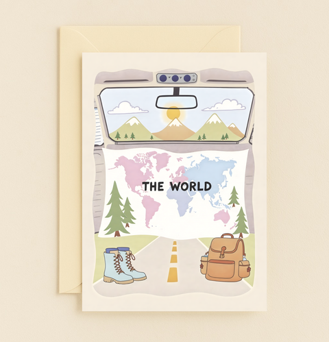 Travel Adventure Greeting Card with Illustrated World Map - Front