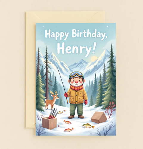 Happy Birthday Henry Winter Fishing Kids Mountains Deer Card product image