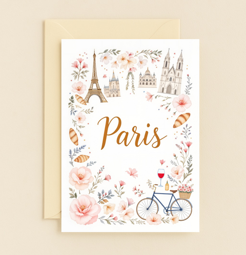 Paris Greeting Card Illustrated Eiffel Tower Bicycle Design - Front