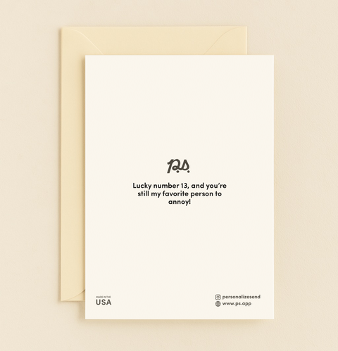 Back of Happy Thirteenth Anniversary Heart Card with P.S. message