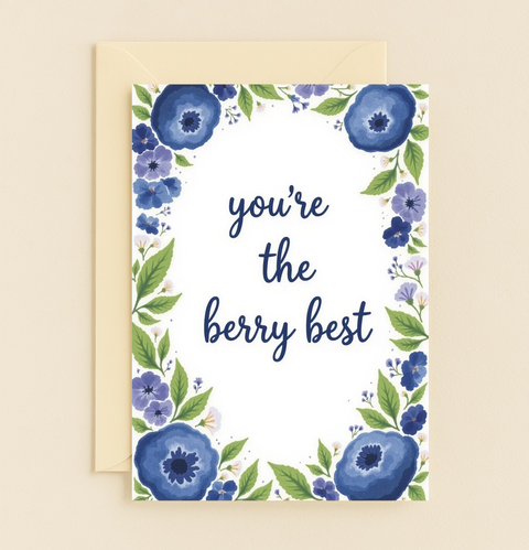 Funny Greeting Card Blue Berry Floral Design - Front