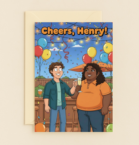 Cheers Henry Celebration Card Balloons Confetti Champagne Friends Party Outdoors product image