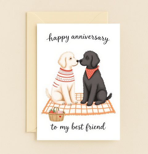 Happy Anniversary Card Cute Dogs Picnic Illustration - Front