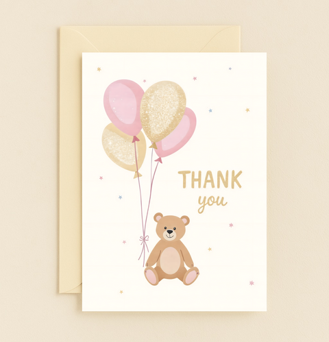 Thank You Greeting Card Cute Teddy Bear Balloons - Front