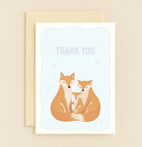 Thank You Greeting Card Cute Fox Family Design - Front