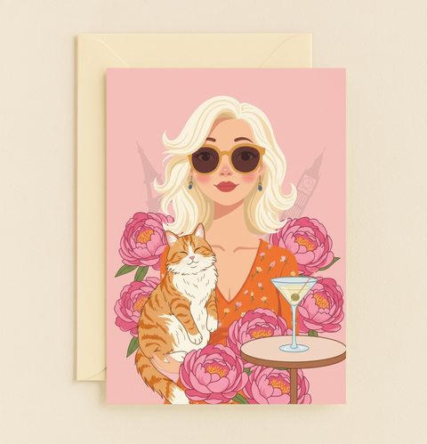Blonde Woman Cat Flowers Martini Pink Peonies Paris London Card product image