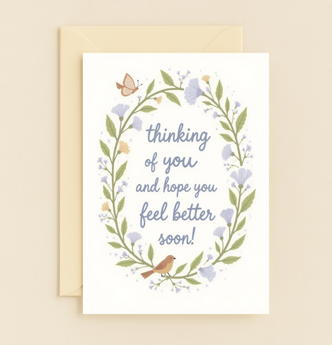 Feel Better Greeting Card with Cute Floral Wreath Design - Front