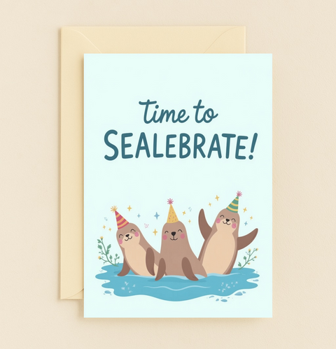Funny Birthday Greeting Card Seals Celebrate Cute Illustration - Front