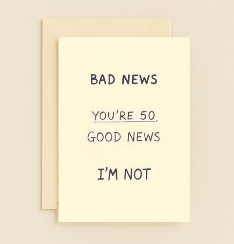 Funny Birthday Greeting Card Bad News 50 Good News Im Not - Front