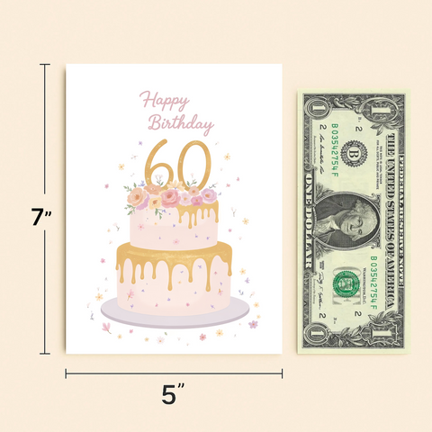 60th Birthday Greeting Card with Floral Cake Design - Size