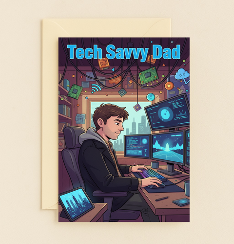 Tech Savvy Dad Computer Monitors Circuit Boards Floating Icons Card product image