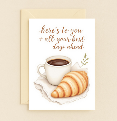 Funny Greeting Card Coffee and Croissant Illustration - Front