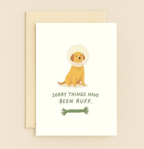 Funny Dog Sympathy Card with Cone Puppy Drawing - Front